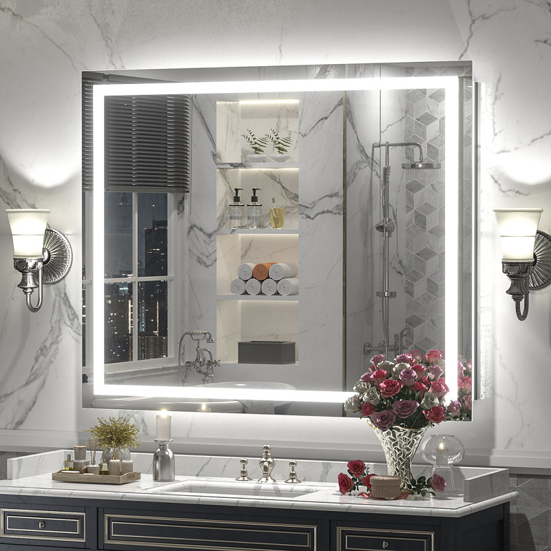 Aevar Super Bright Front & Back LED Lighted Anti-Fog Tempered Glass Bathroom/Vanity Mirror with ETL & 3-Year Warranty Size: 44" x 36"