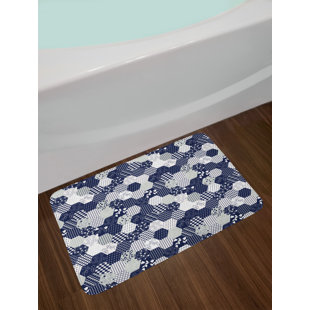 navy and white bath mat