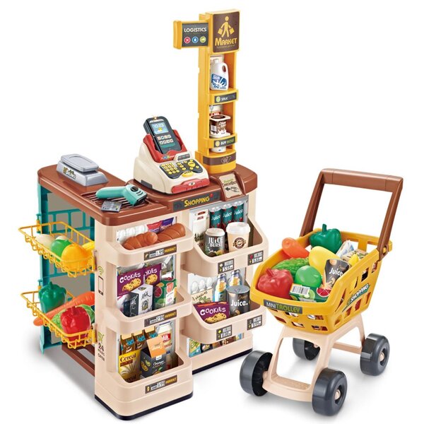 Children Grocery Store Playset Role Play Toy Supermarket Shopping Set Simulation Vending Machine with Shopping Cart and Scanner Multicolour, B 