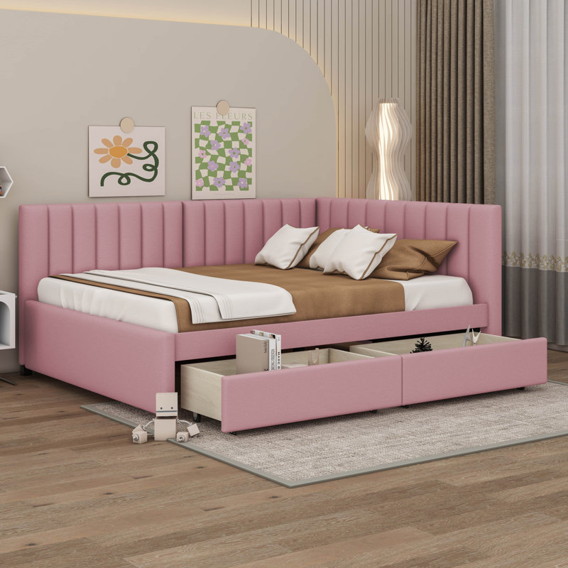 Incomplete box 1 only)Cathaline Full Size Upholstered Daybed with 2 Storage Drawers Sofa Bed Frame Color: Pink