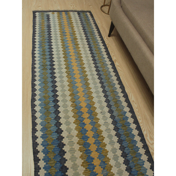 Foundry Select Runner Hults Southwestern Handmade Kilim Wool Blue Ivory Green Area Rug Wayfair