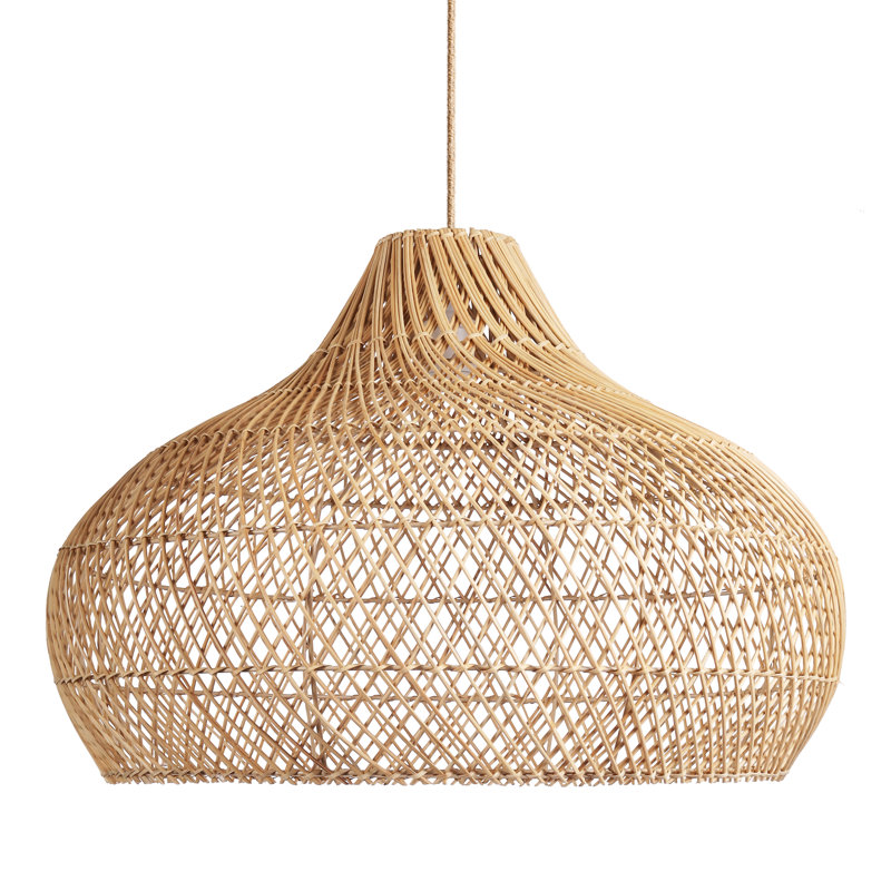 Arsheen 1 - Light Natural Dome Pendant Handwoven Rattan Plug-In or Hardwired Light Fixture with Extra-Long Cord for Dining Room, Kitchen Island, or Loft in Japandi Style