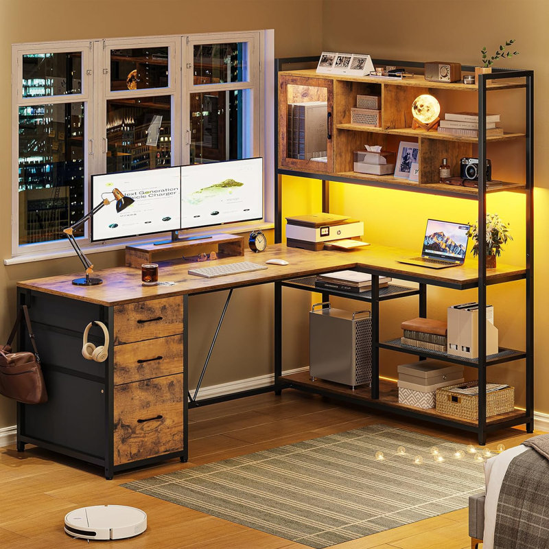 Barbarino 58.3'' W L-Shaped Computer Desk with Hutch Color: Rusric Brown