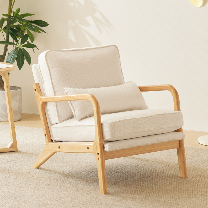 Lemley Mid Century Solid Wood Accent Chair Upholstered Armchair with an Extra Pillow Fabric OR Leather Type: White Polyester