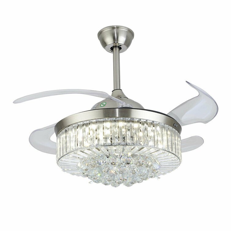 36"/42" Crystal Ceiling Fan Chandelier LED Retractable Blades Dimmable Light USA 
