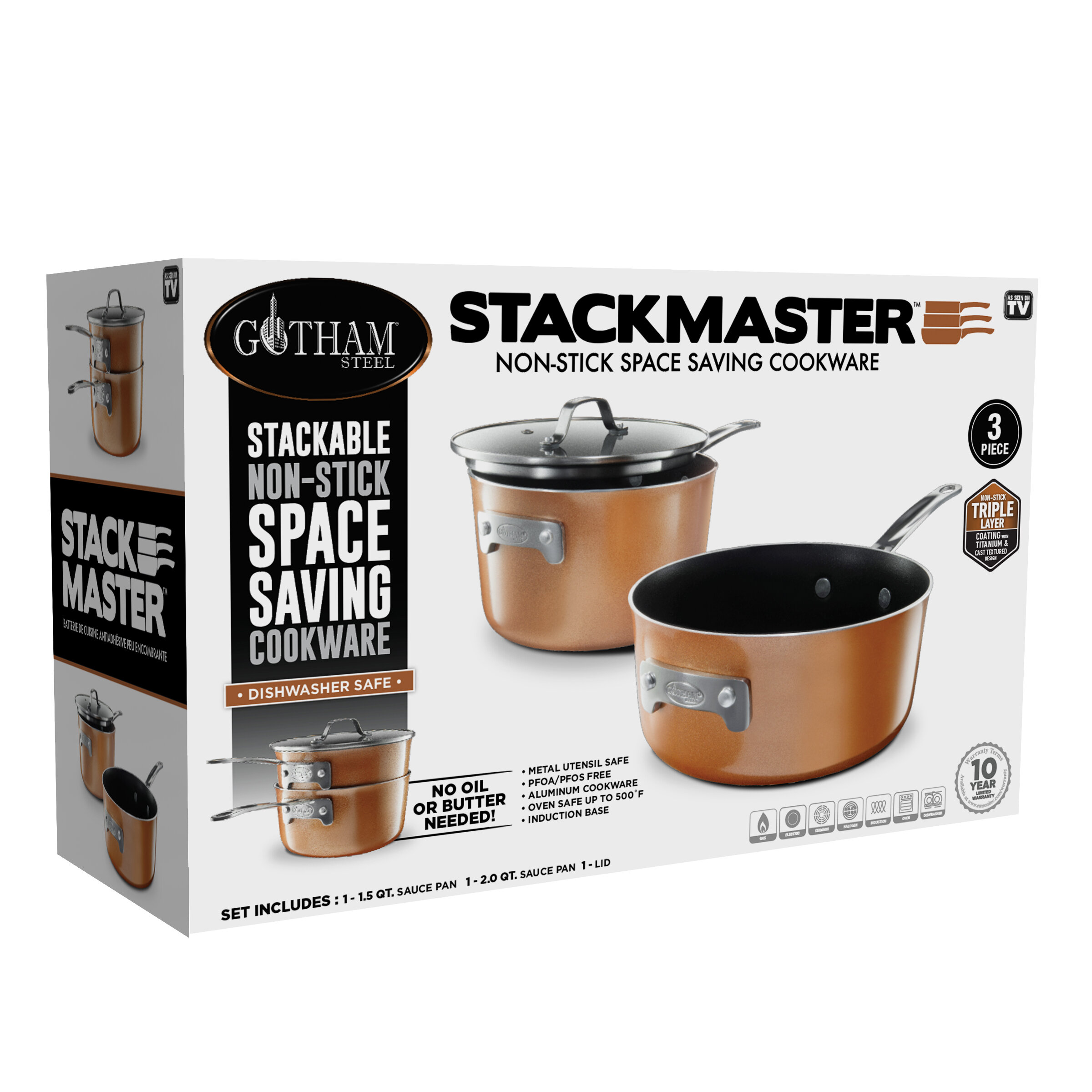 Gotham Steel Stackmaster 3 Piece Set Large Nonstick Space Saving Pans 