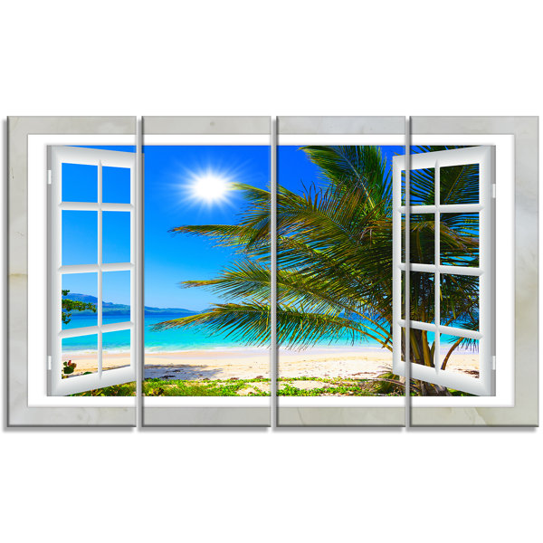 Designart Window Open To Beach With Palm 4 Piece Graphic Art Print On Wrapped Canvas Set Wayfair