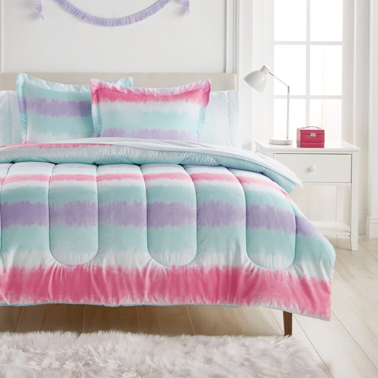 3 Pieces Tie Dye Twin Size Bedding For Girl Comforter Duvet Cover Set Pink Blue