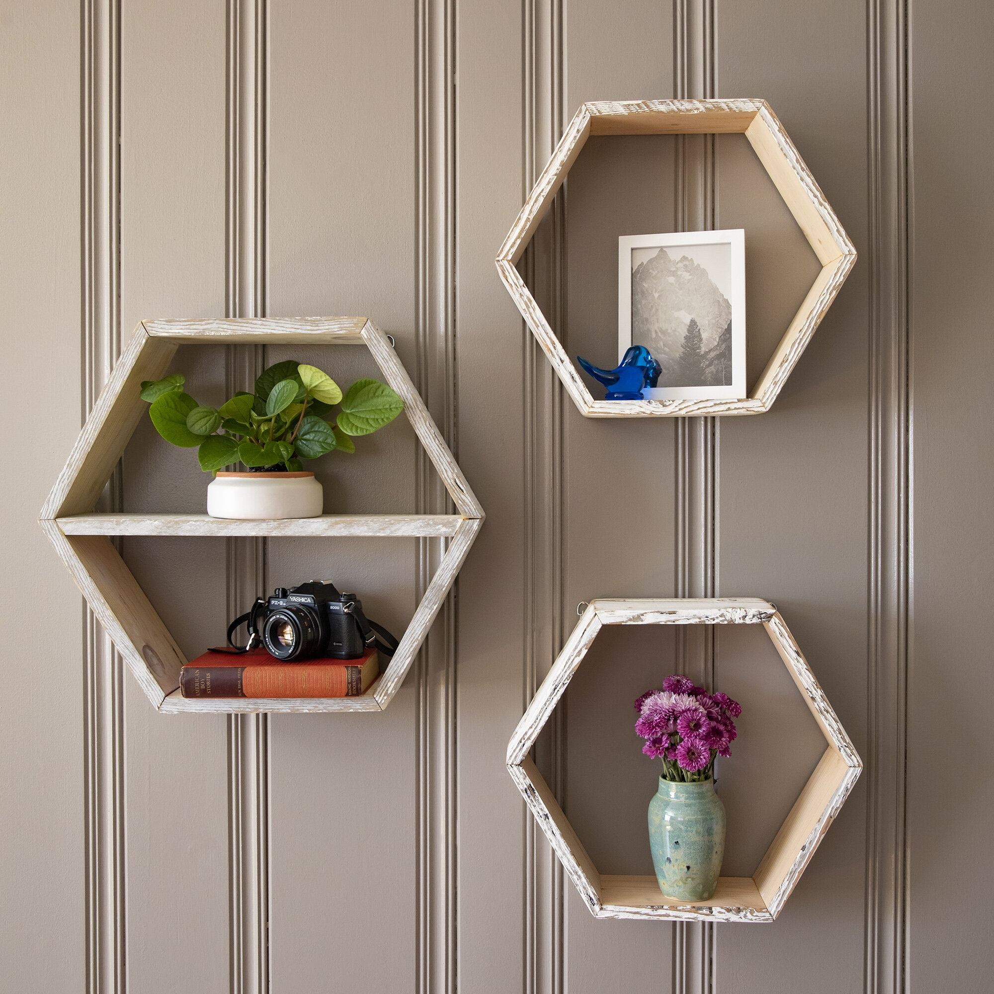 Foundry Select Wehr 3 Piece Hexagon Pine Solid Wood Accent Shelf