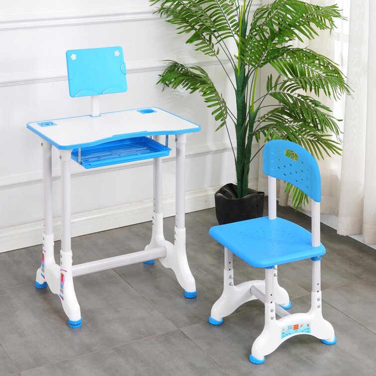 New Adjustable Blue Children's Study Desk Table Chair Book Shelf Set Child Kids 