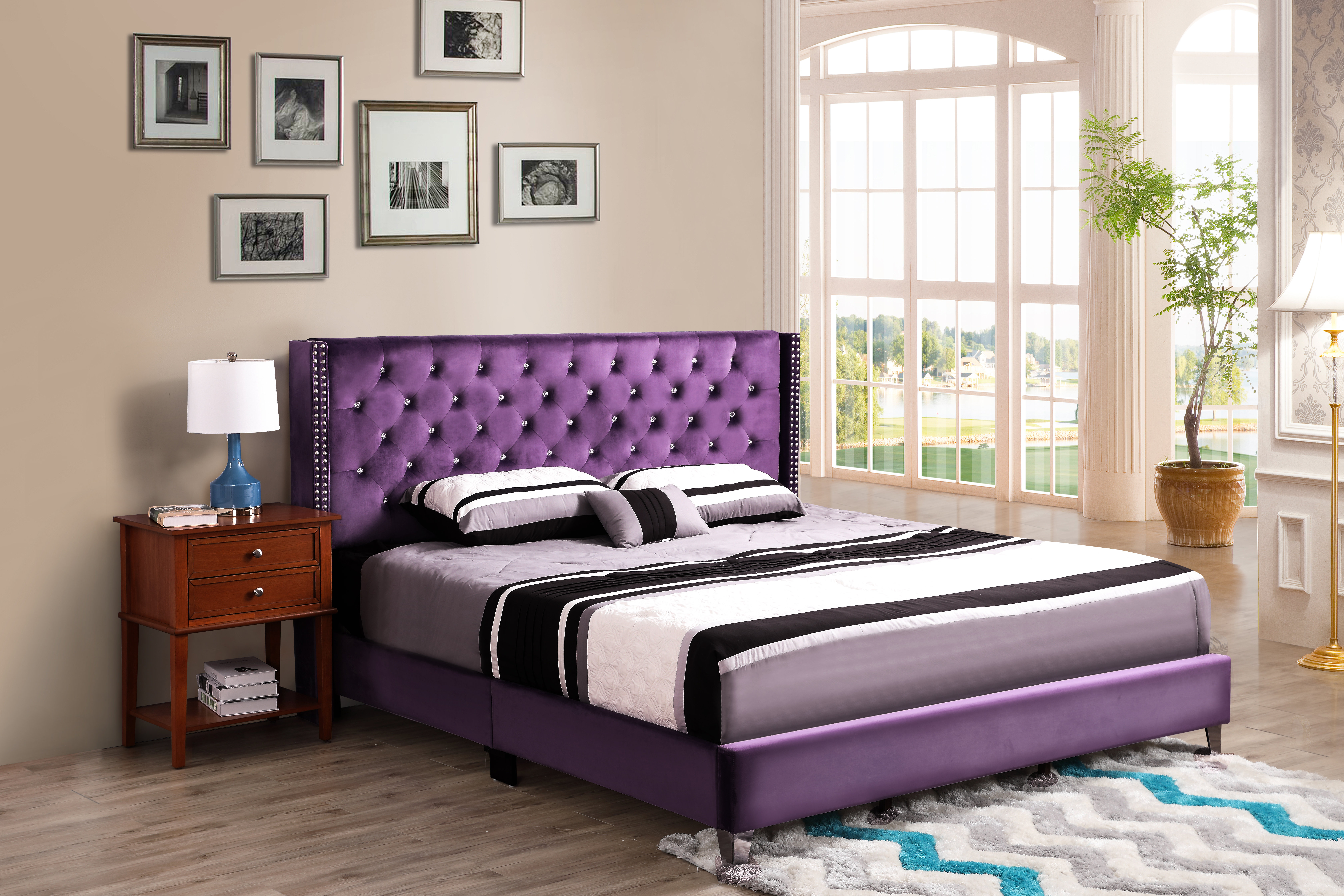 Purple Divan Bed with Orthopaedic Mattress - 2 Drawers 5ft Kingsize Headboard Crushed Velvet