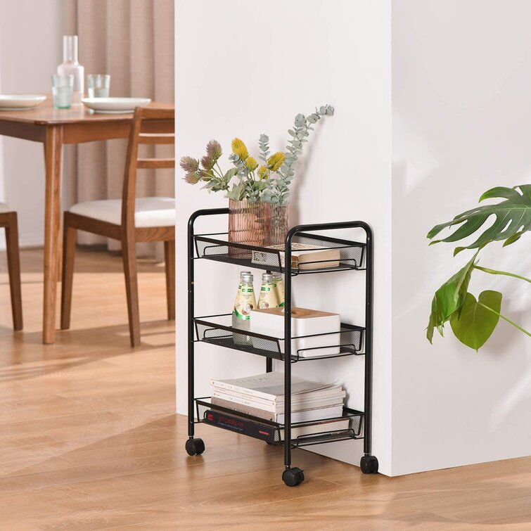 Black White Multifunctional Storage Shelves with 2 Small Baskets and 4 Hooks for Kitchen Living Room N\ 3-Tier Rolling Utility Cart with Handle and Lockable Wheels