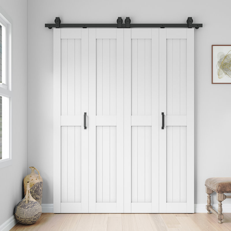 84" manufactured wood double bifold sliding barn doors with installation hardware kit, top-mounted hanger size: 56" x 84"