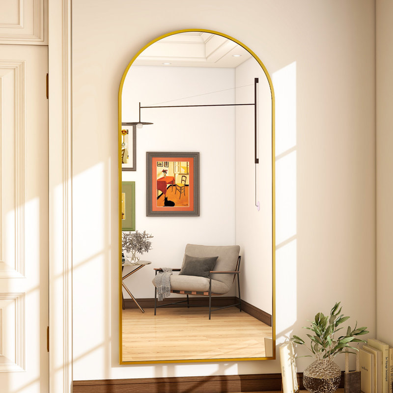 Arched Metal Oversized Full Length Mirrors Wall Mirrors with Stand Size: 77" x 38", Finish: Gold