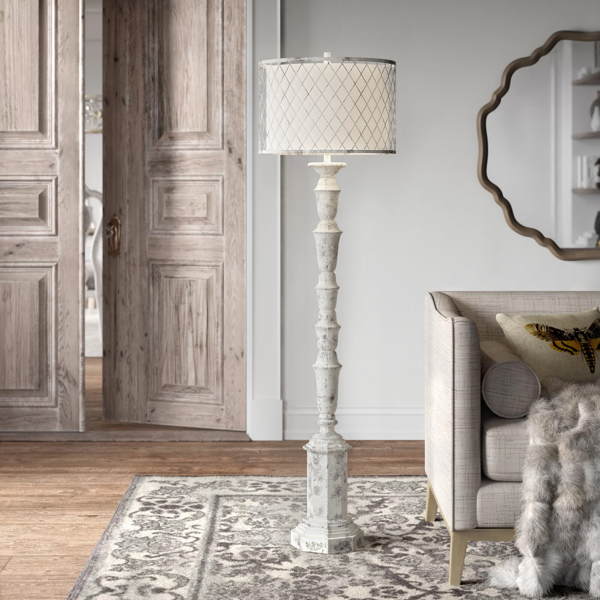 white washed wood floor lamp