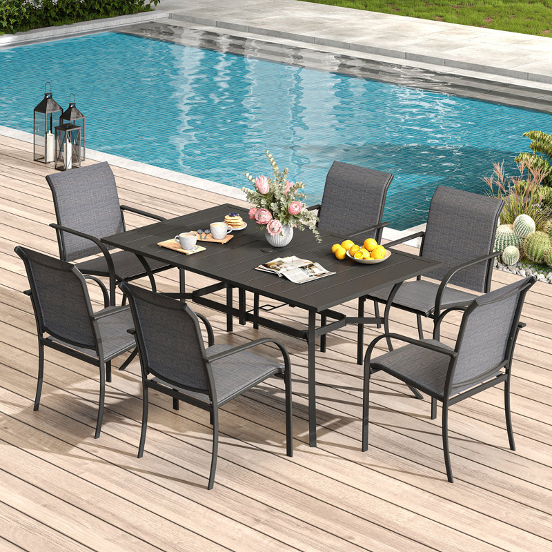 ( incomplete)Cihangir Rectangular 6 - Person 60'' L Outdoor Patio Dining Set with 6 Stackable Textilene Armrest Chairs Cushion Color: Gray