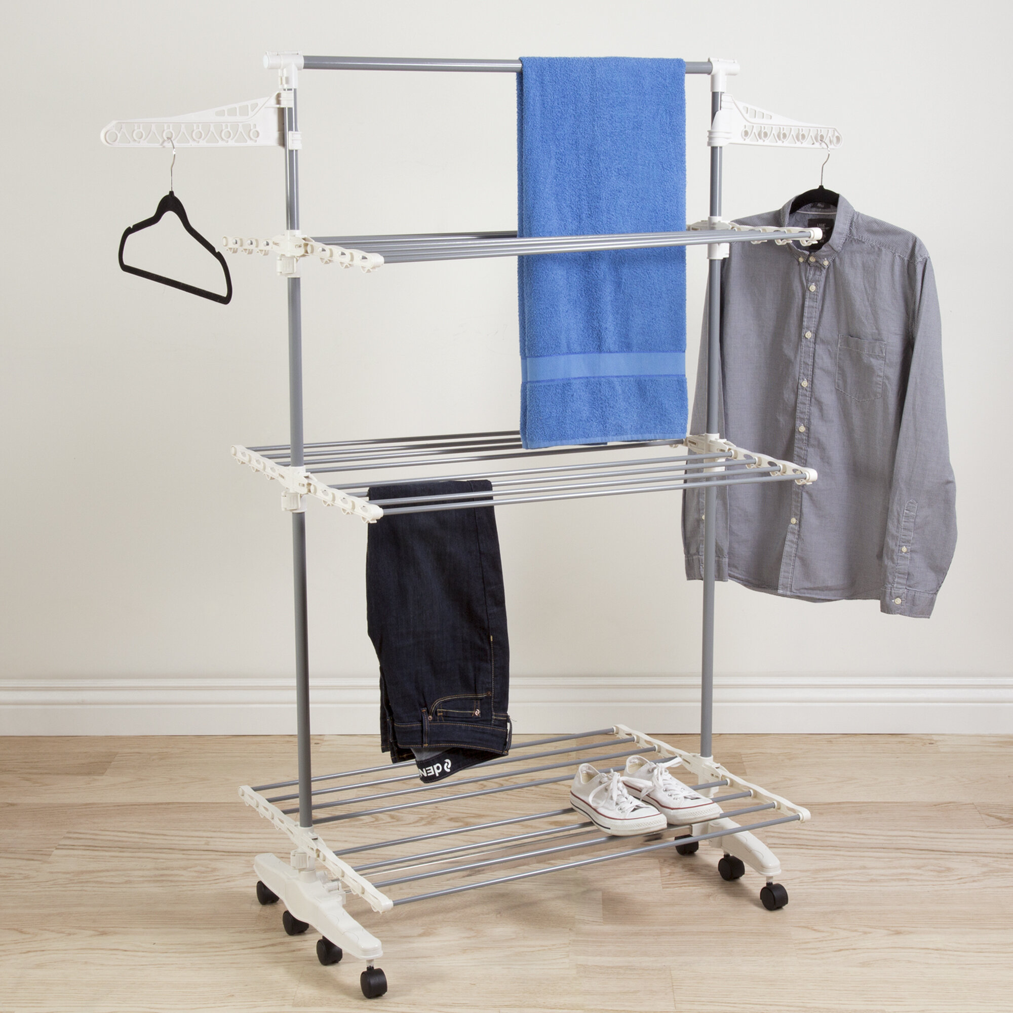 Collapsible for Easy Storage 3 Tier Clothes Drying Rack Indoor or Outdoor Use Great for Apartments and Condos Rolling Laundry Dryer Hanger with Wash Bag