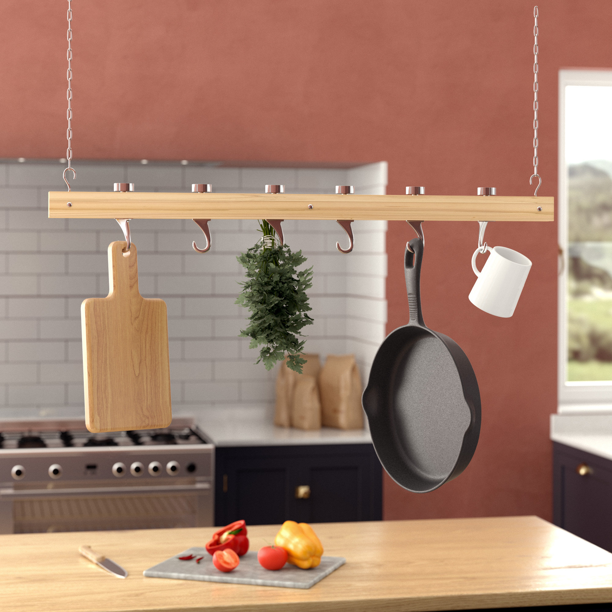 Ceiling Mounted Wooden Hanging Pot Rack