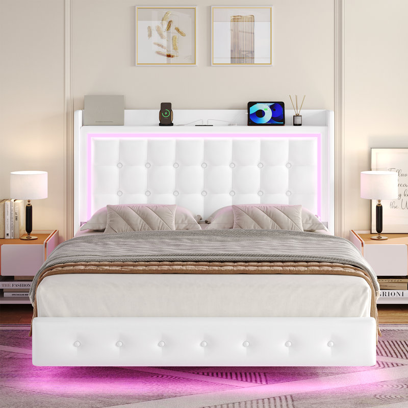 (Incomplete) Upholstered Platform Bed with LED Lights, Charging Port, Floating Bed Size: Full, Color: White