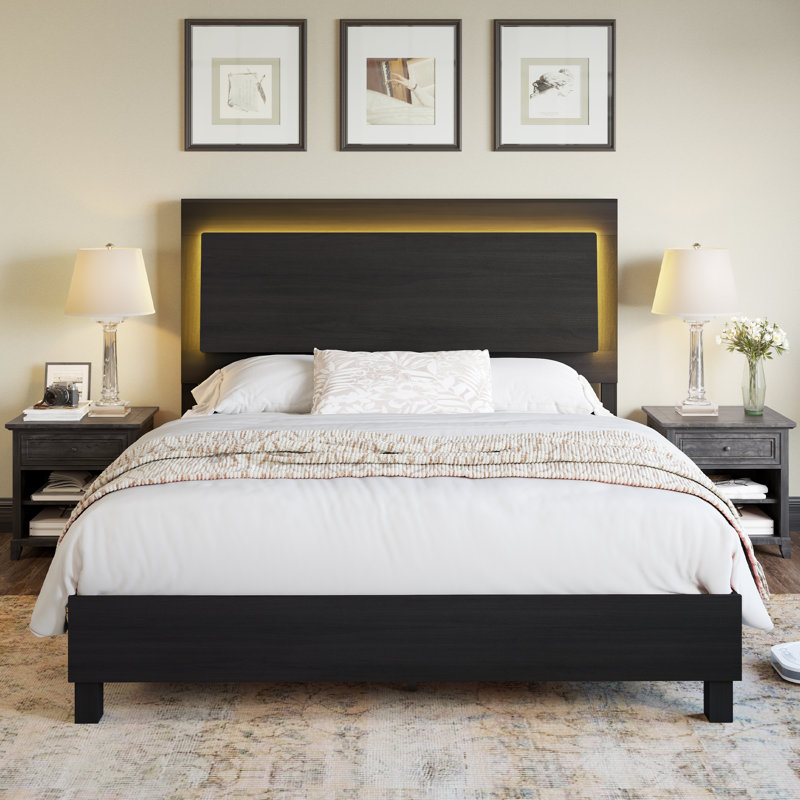 Keshante Wood Bed Frame with LED Headboard Color: Black, Size: Full