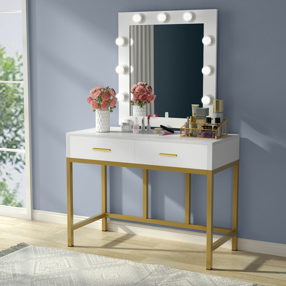 Everly Quinn Vanity Table With Lighted Mirror Makeup Vanity Dressing Table With 2 Drawers Gold And White Reviews Wayfair Ca