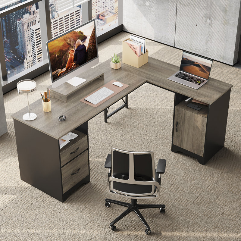 Bartolot 63'' L Shaped Home Office Desk with File&Storage Drawers and  Cabinet, Executive Desk with Monitor Stand and Open Compartments Color: Gray