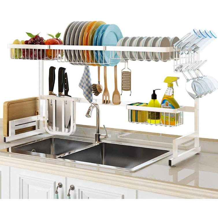 Spicymedia Over The Sink Dish Drying Rack Adjustable 33 41 Large Dish Drainer Kitchen Supplies Shelf With Utensil Holder And 5 Hooks Sturdy Stainless Steel Space Save Rack For Counter Storage Wayfair
