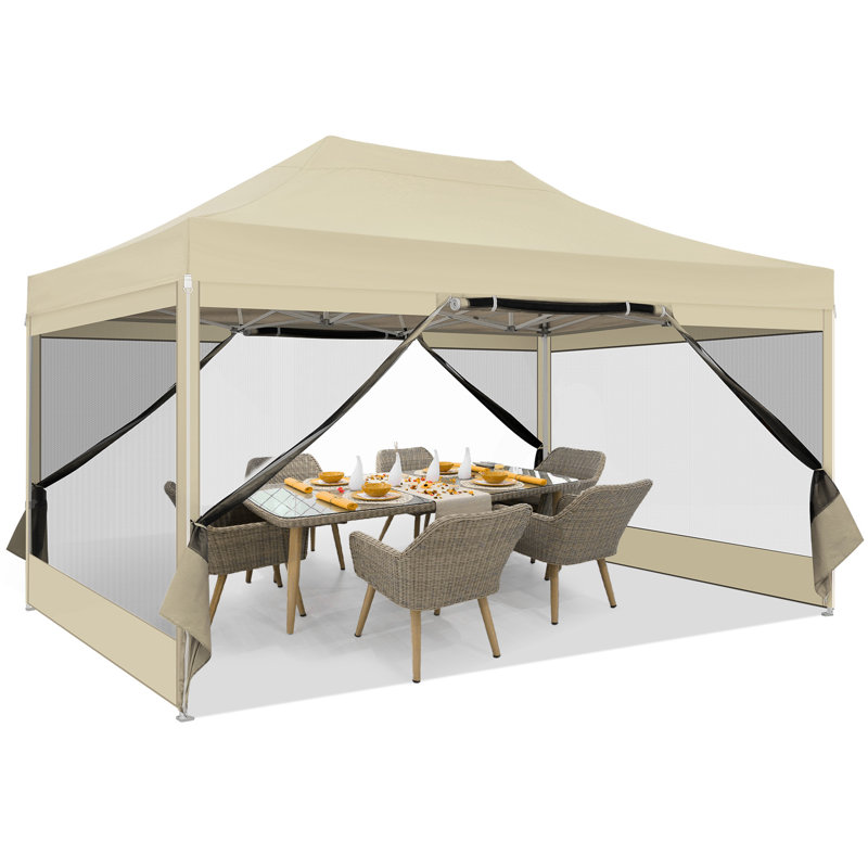 15 Ft. W x 10 Ft. D Metal Pop-up Canopy with 4 sidewalls, keep ventilation & waterproof,mosquito netting wall Roof Color: Khaki