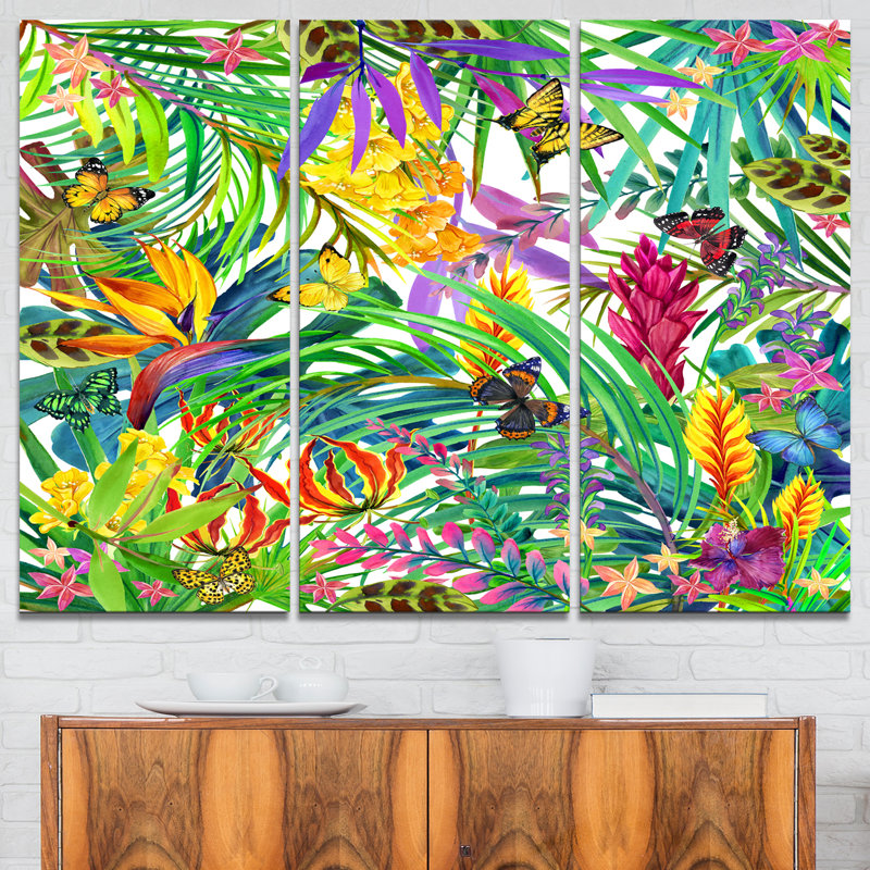 Designart Tropical Leaves And Flowers 3 Piece Painting Print On