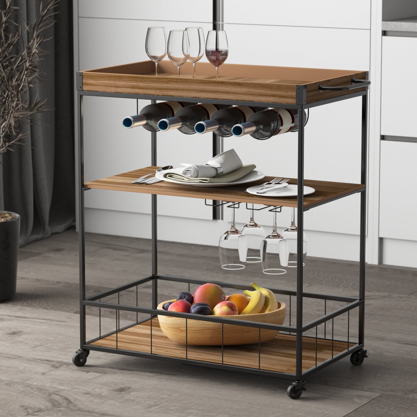 17 Stories Mobile Metal Wood Wine Cart On Wheels With Handle Rack Glass Holder 4 Hooker Removable Wood Box Container Industrial Rustic Bar Serving Cart Wayfair Ca