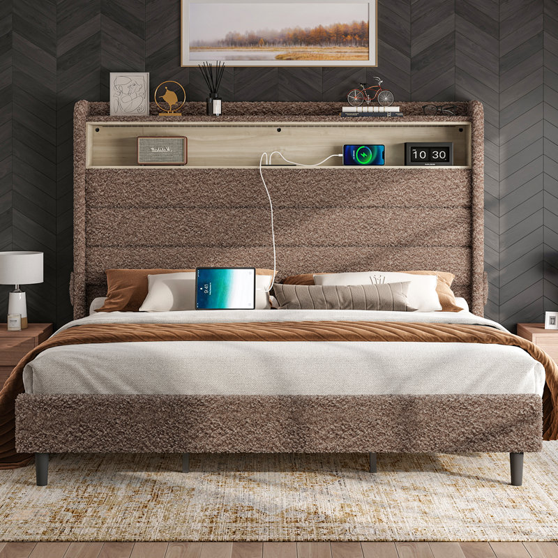 Briceson Bed Frame With Led Lights Charging Station Tall Headboard Upholstered Platform Bed Wingback Color: Brown, Size: Queen