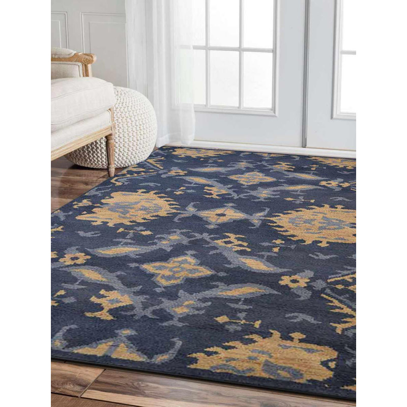 August Grove Hargrave Floral Hand Knotted Wool Blue Area Rug Wayfair