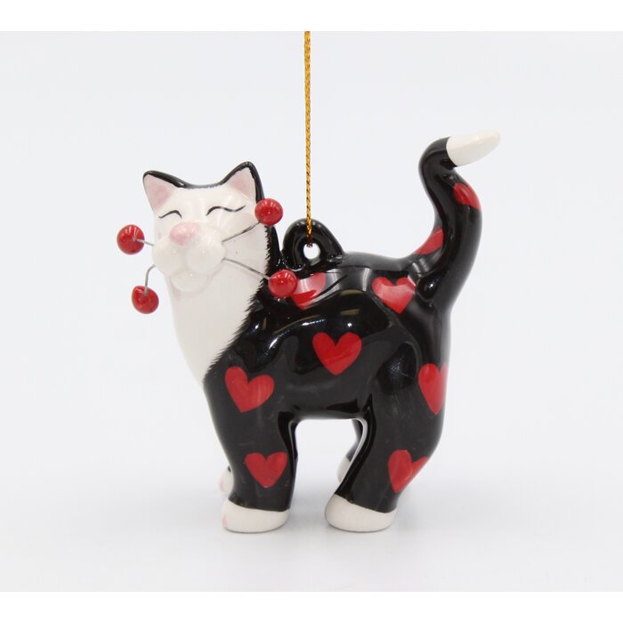 The Holiday Aisle® Whisker Cat In Black With Red Heart Ornament | Wayfair