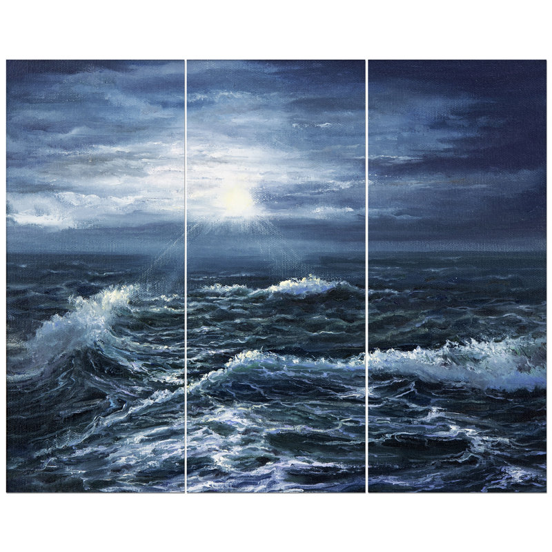 East Urban Home Ocean Waves In Dark Sky Oil Painting Print Multi