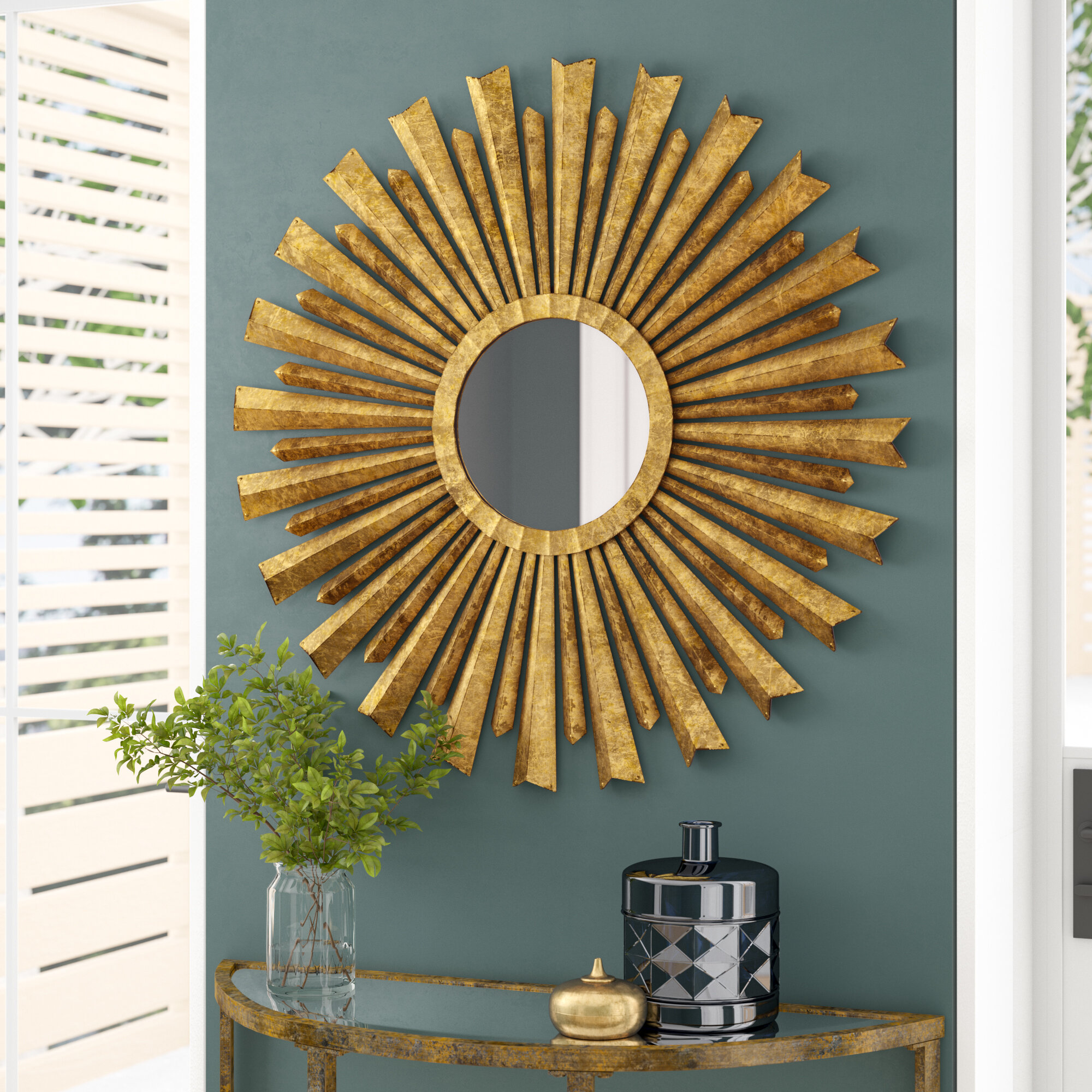 Sunburst Wall Mirror Round Wood Frame Red 22 