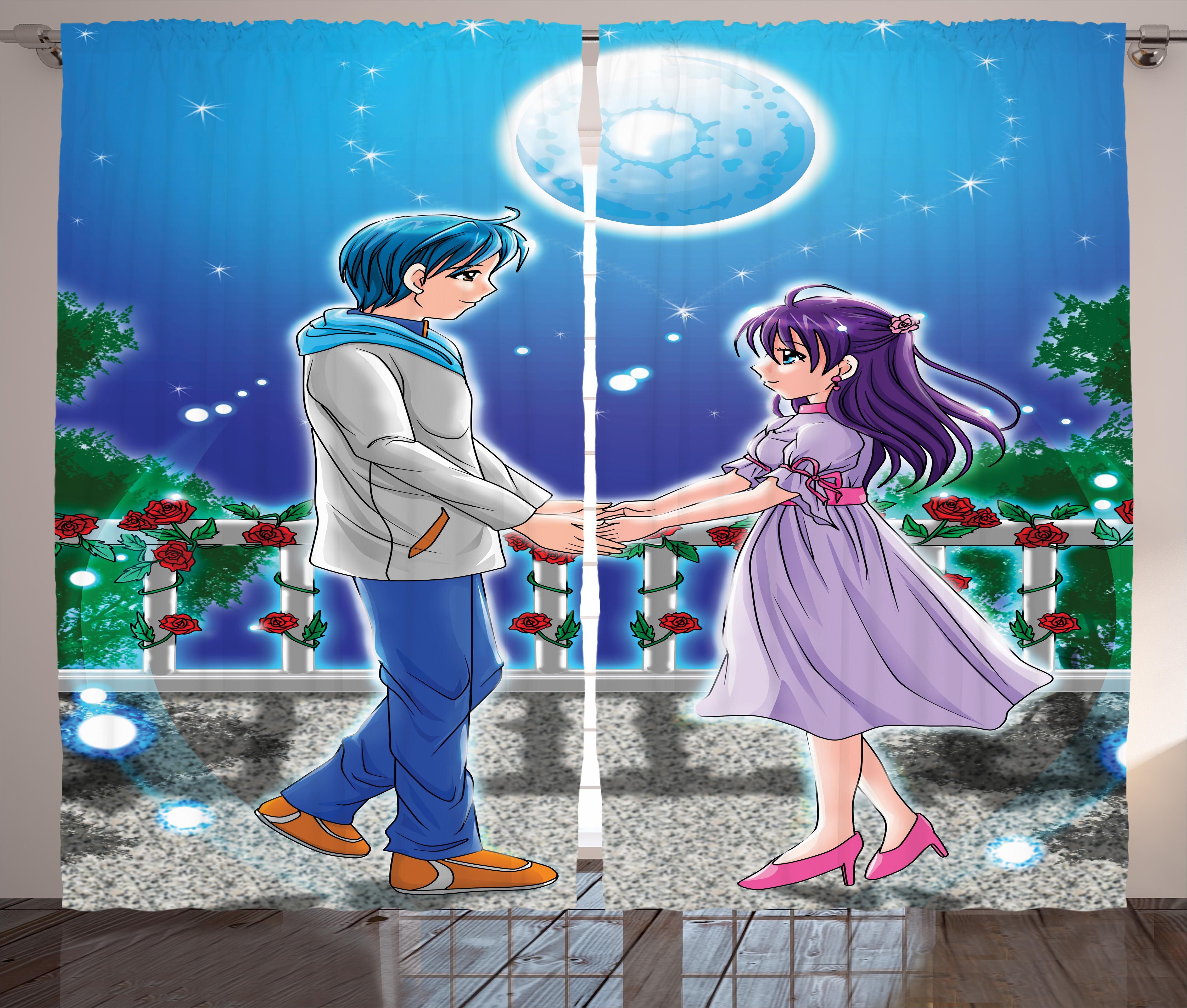 East Urban Home Anime Illustration Of Romantic Couple Holding Hands Under Moonlight Love In Manga Themed Print Graphic Print Text Semi Sheer Outdoor Rod Pocket Curtain Panels Wayfair