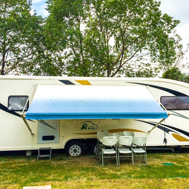 Aleko 16 X8 Retractable Rv Or Home Patio Canopy Awning Blue Stripes Colour Wayfair Ca