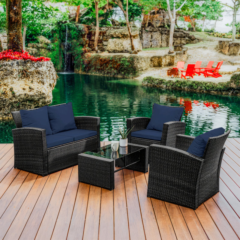 Incomplete box 2/2)Aymelia 4 - Person Premium Outdoor Seating Group with Cushions Cushion Color/Frame Color: Navy/Gray
