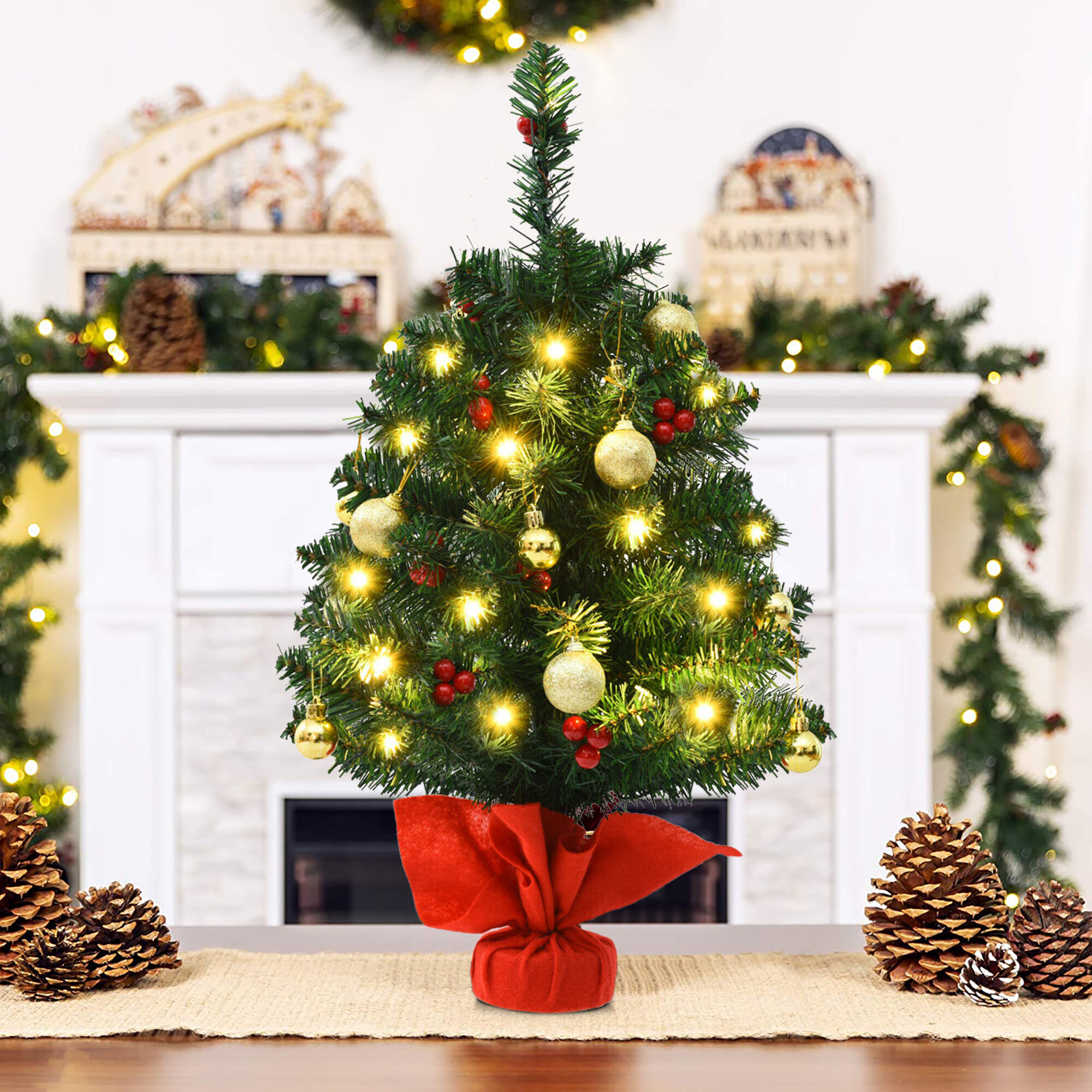 24" PVC Artificial Christmas Tree W/Stand Holiday Season Decor String Lights 