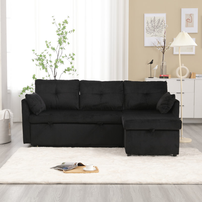 (Incomplete) Vaya 2 - Piece Corduroy Pull Out Sectional Sleeper Sofa With Storage Chaise Fabric: Black Corduroy