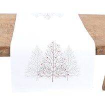 GRELUCGO Embroidered Christmas Holiday Deer Holly Tree Table Runner Rectangular 15 x 53 Inch 38 x 135 cm