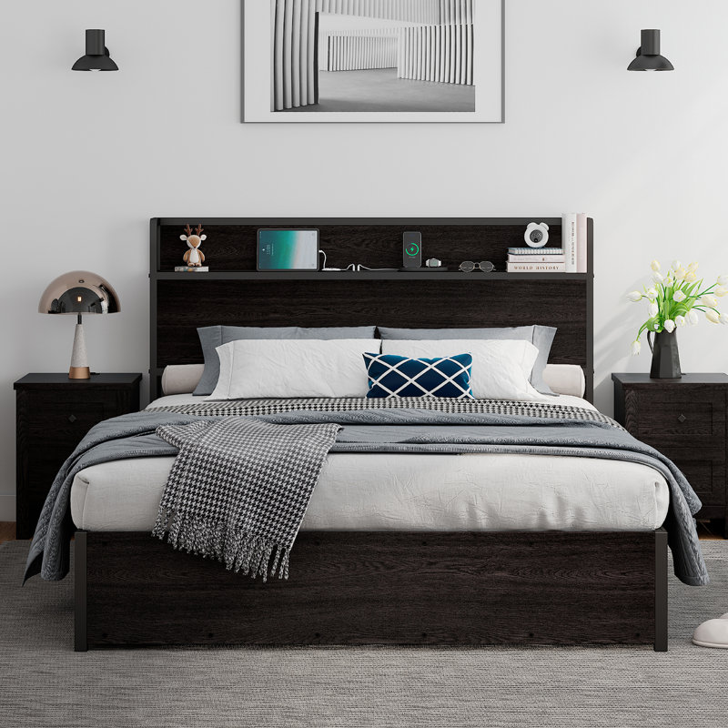 Lift Up Storage Bed, Wood Platform Bed Frame With Storage Headboard & Charging Station, No Box Spring Needed, Easy Assembly Color: Black, Size: Queen