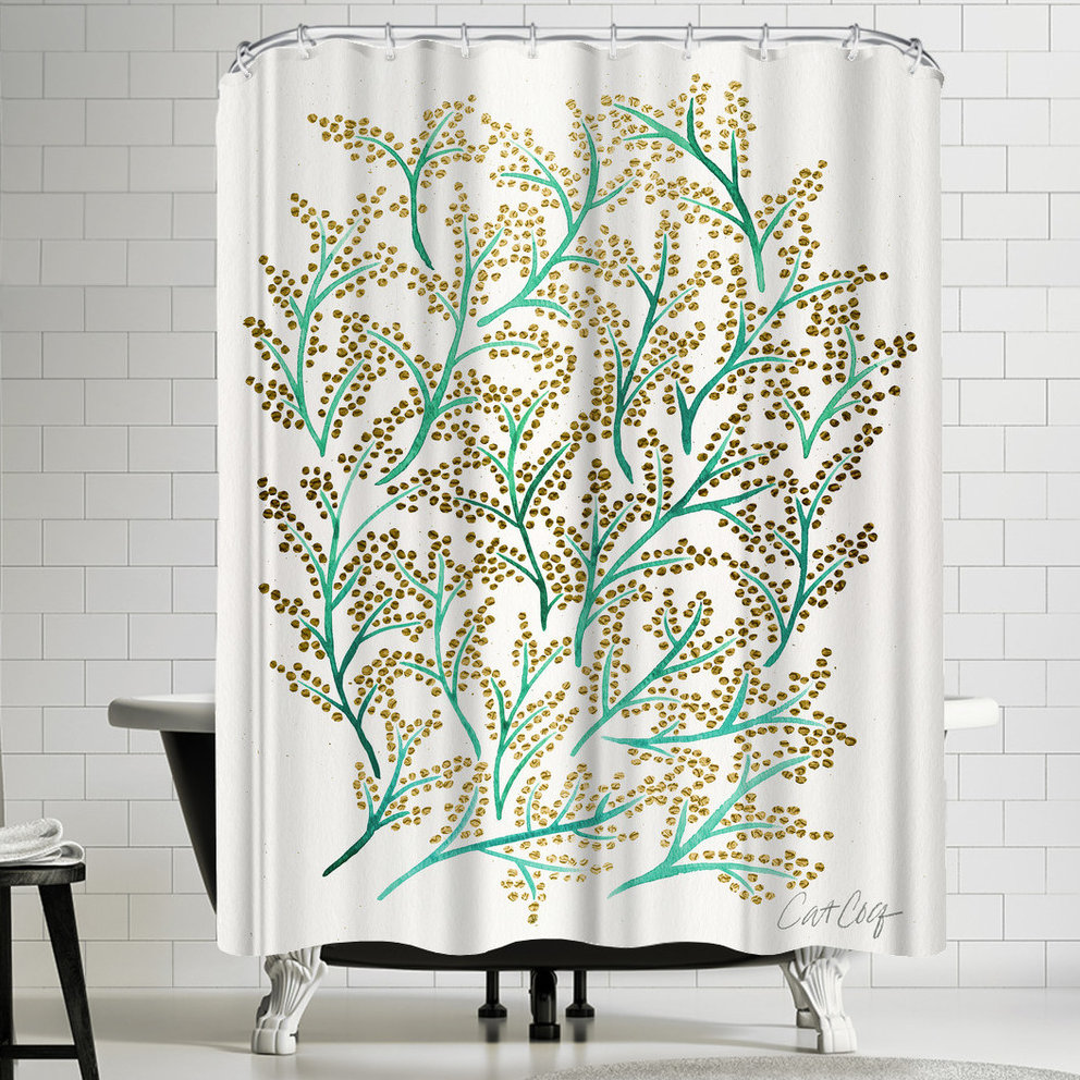 East Urban Home Green And Gold Branches Shower Curtain Wayfair