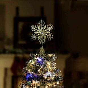 Snowflake Star Tree Topper Silver Glitter Small Christmas Metal 5" Kurt Adler 