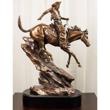 RiFHomDEc Rustic Western Rodeo Cowboy W/Rearing Horse Bronze Electroplated Figurine