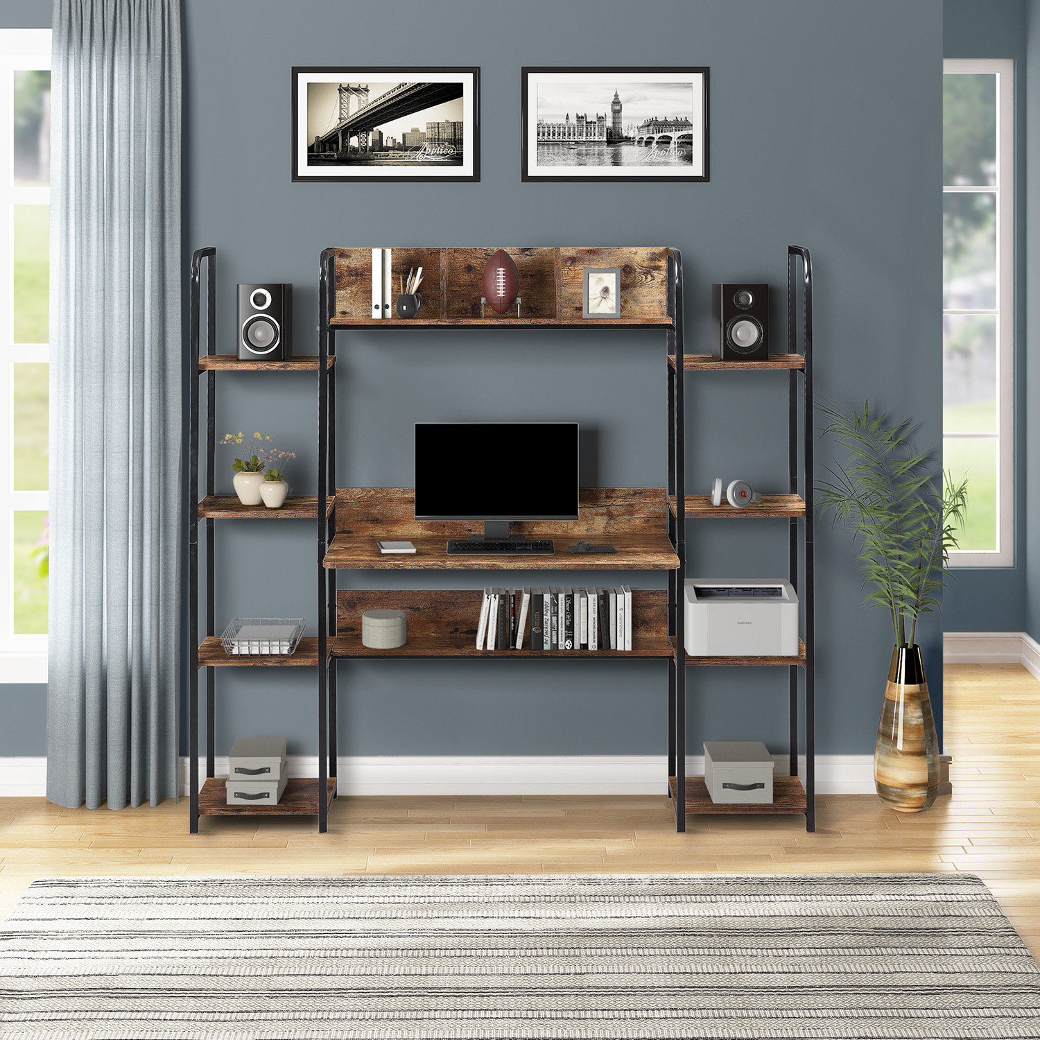 Bureau d’ordinateur à domicile avec bahut de rangement et bibliothèque double, poste de travail avec bibliothèque (brun) Bureau d’ordinateur à domicile avec bahut de rangement et bibliothèque double, poste de travail avec bibliothèque (brun)