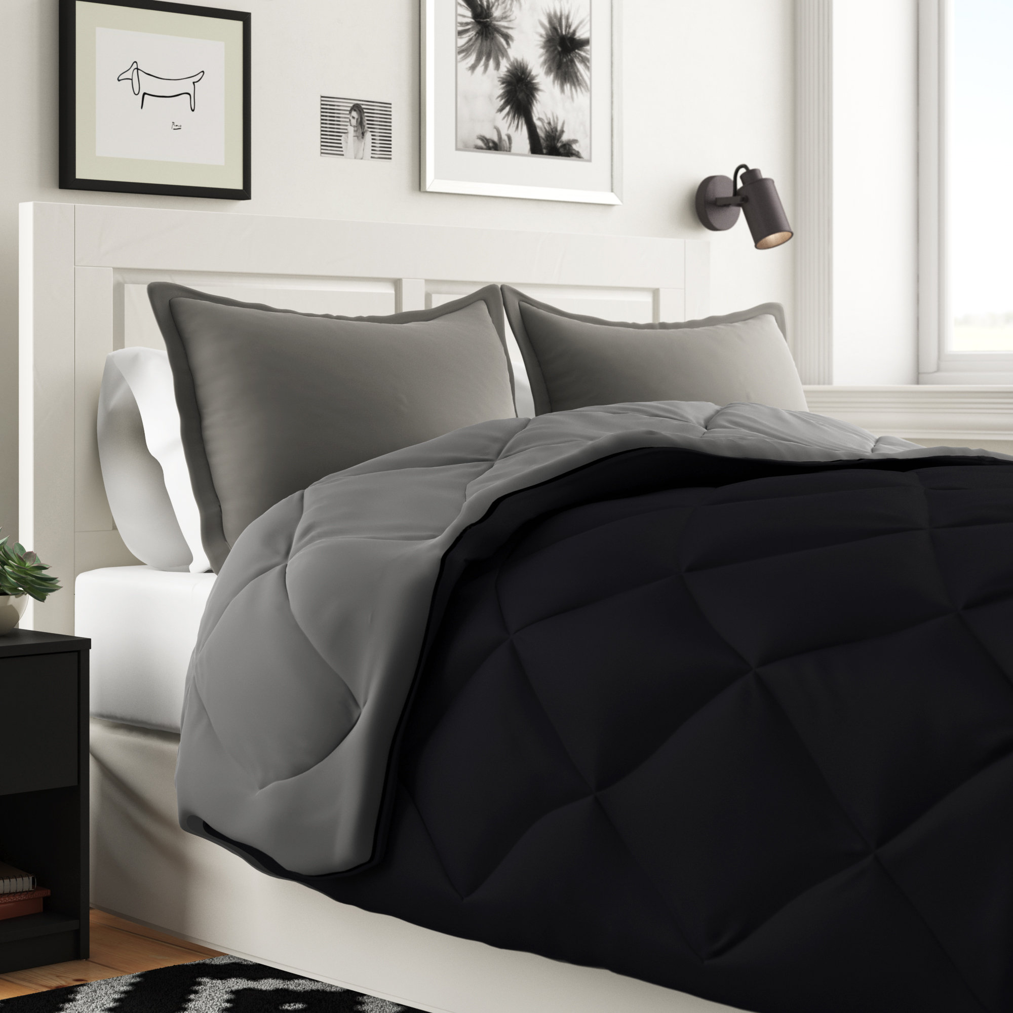 Cummington Microfiber Reversible Comforter Set Ebern Designs Color: Black/Gray, Size: King Comforter + 2 Shams
