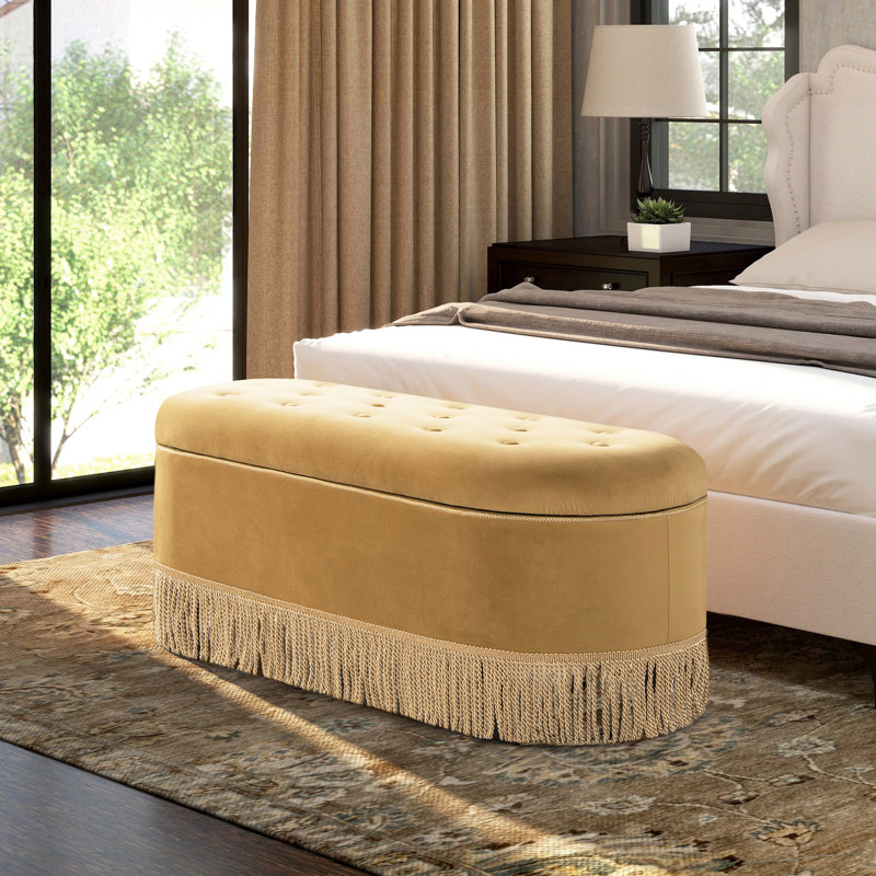 Oval Tufted Bullion Fringe Storage Bench Upholstery Color: Gold Velvet