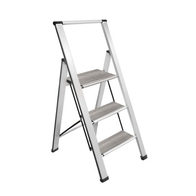 Sorfey Premium 3 Step Modern Gray Wood Ladder. Lightweight, Ultra Slim Profile, Anti Slip Steps, Sturdy-Portable For Home, Office, Kitchen, Photography Use, Silver Aluminum Finish