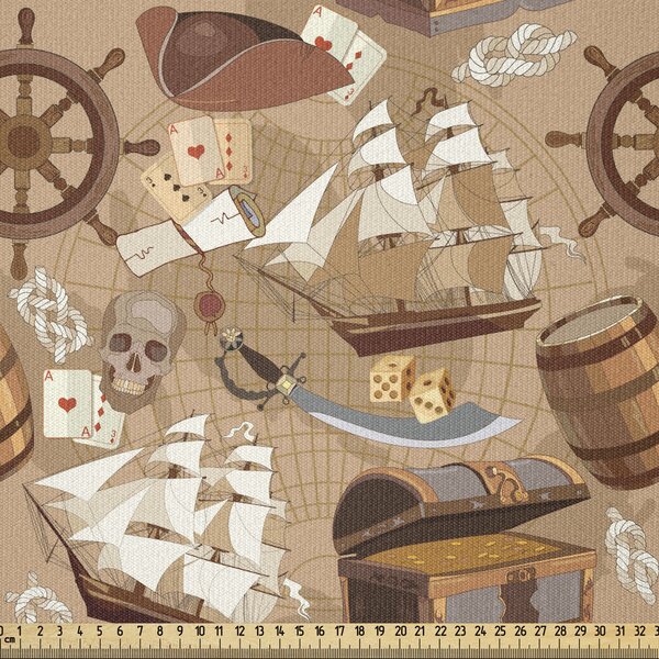Polycotton Fabric Pirates & Pirate Ships Treasure Island Hunt 